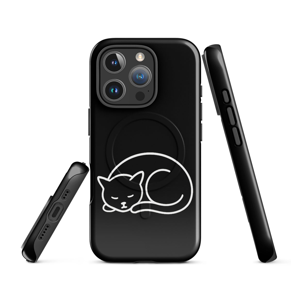 Magnetic Phone Case for iPhone with minimalist curled-up cat design in black and white, offering style and dual-layer protection for cat lovers.