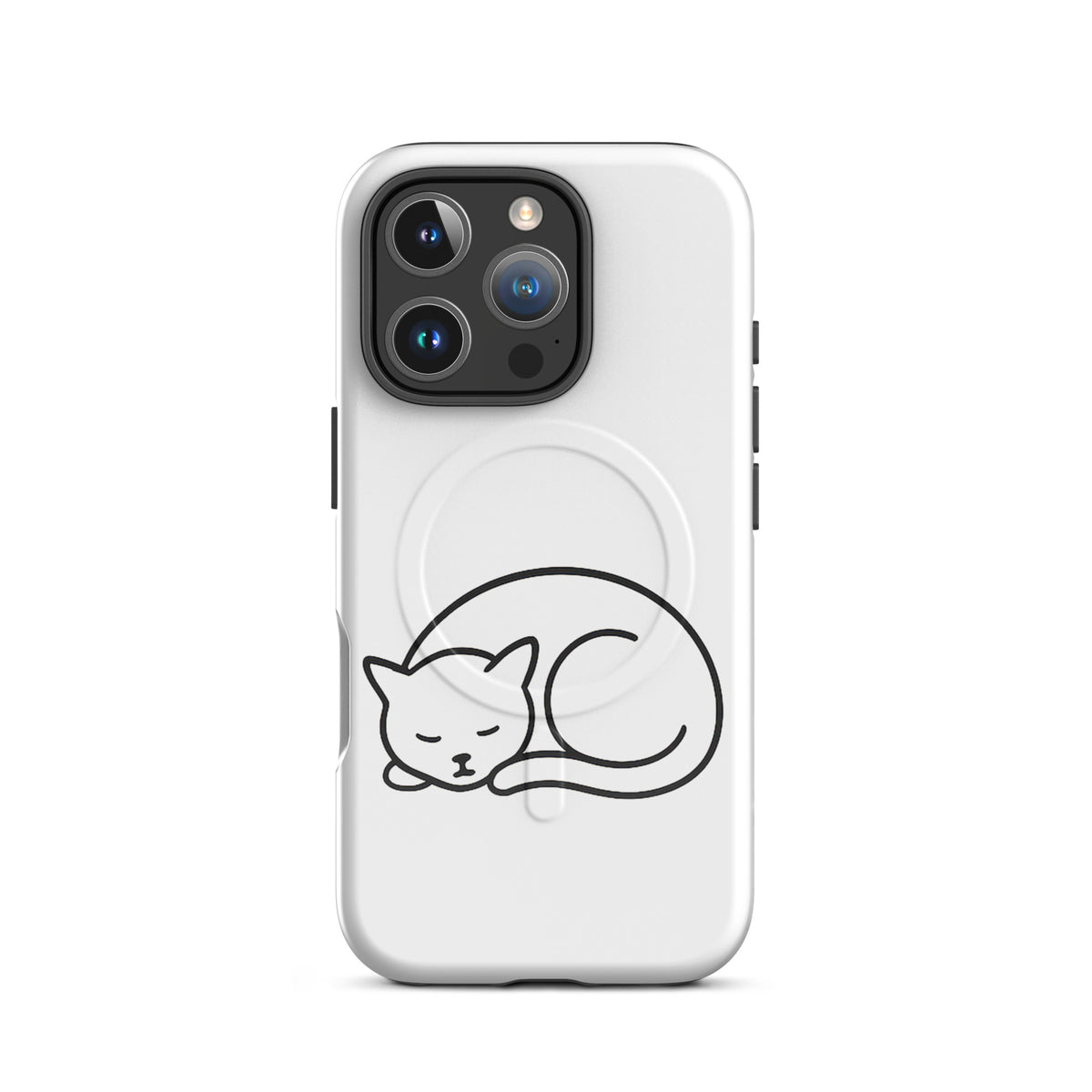 Magnetic Phone Case for iPhone featuring a minimalist curled-up cat design in white and black, perfect for cat lovers seeking style and protection.