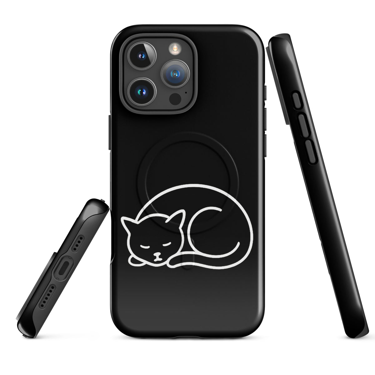 Magnetic Phone Case for iPhone with minimalist curled-up cat design in black and white, offering dual-layer protection for cat lovers.
