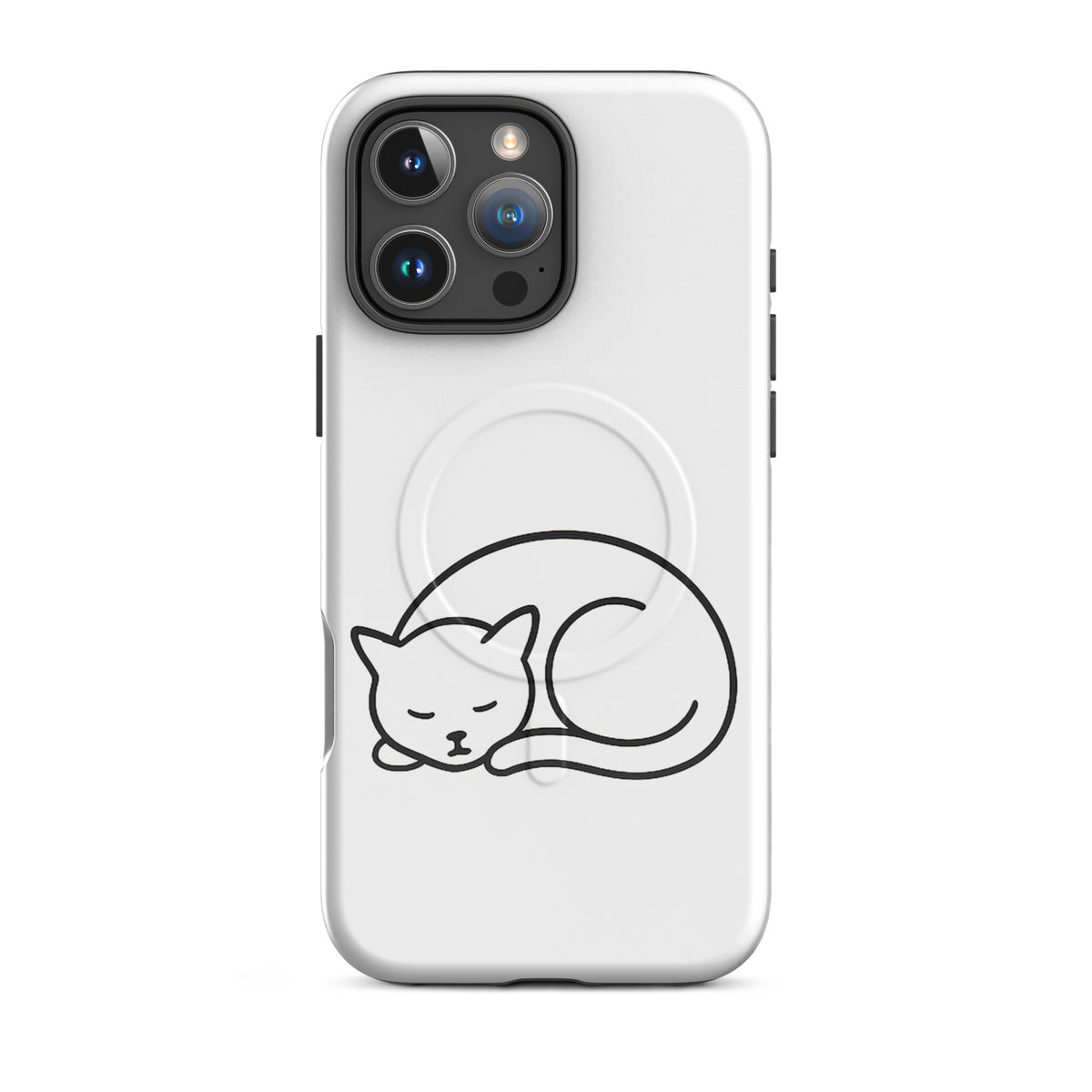 Magnetic Phone Case for iPhone with minimalist curled-up cat design in white/black