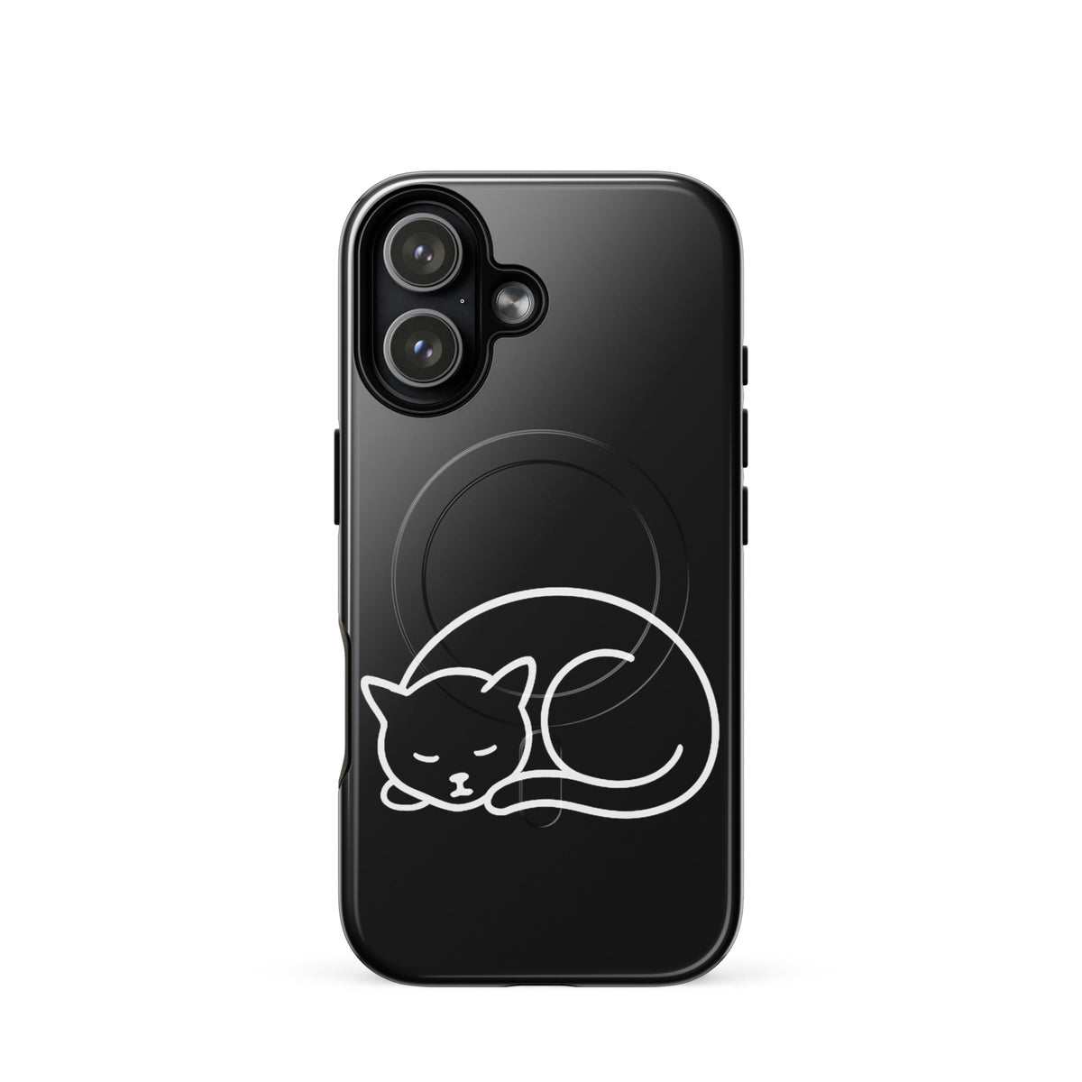 Magnetic Phone Case for iPhone with minimalist curled-up cat design in black and white, offering stylish protection for cat lovers.