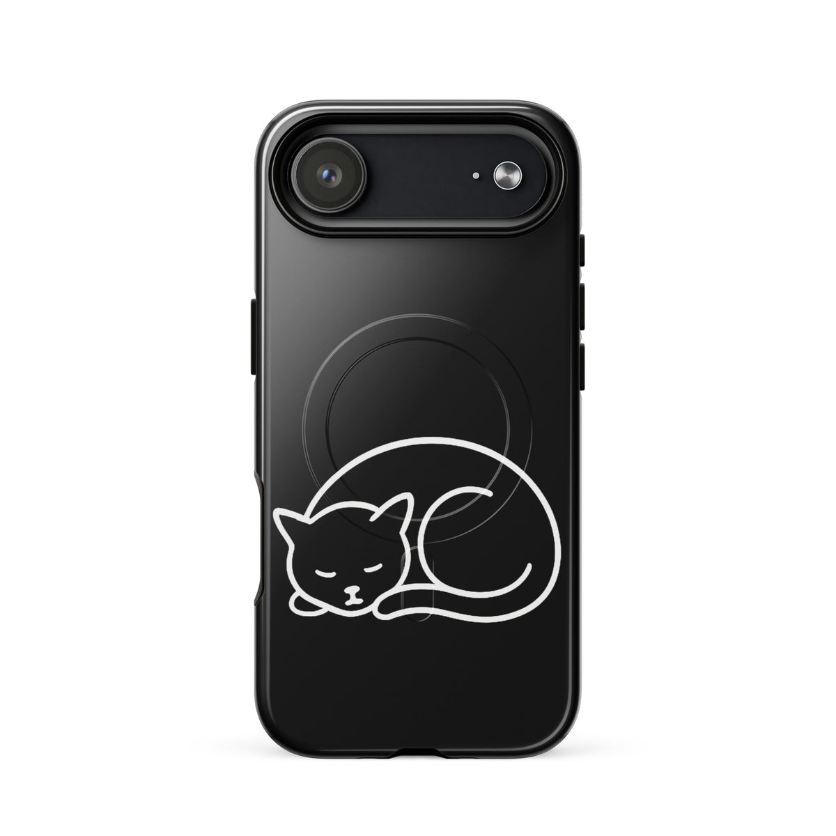 Magnetic Phone Case with minimalist curled-up cat design in black and white, ideal for iPhone users and cat lovers seeking dual-layer protection.