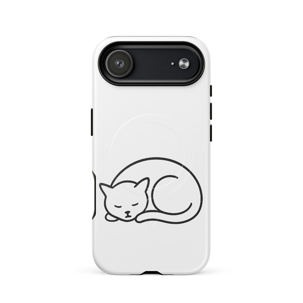 Magnetic Phone Case with minimalist curled-up cat design for iPhone, featuring white and black colors. Ideal for cat lovers seeking protection.