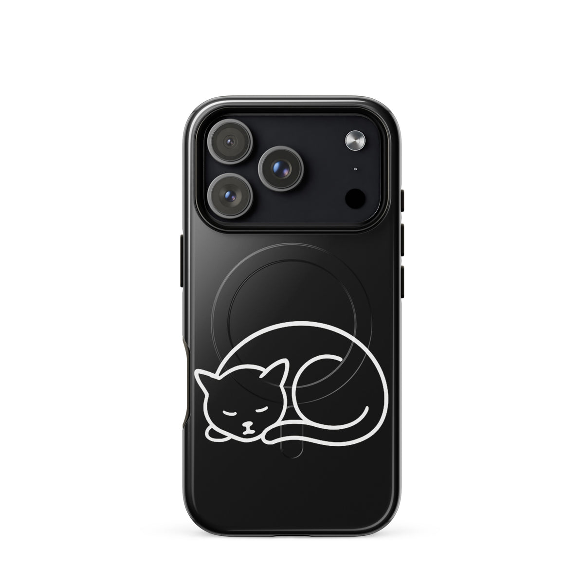 Magnetic Phone Case for iPhone with minimalist curled-up cat design, black and white, dual-layer protection for cat lovers.