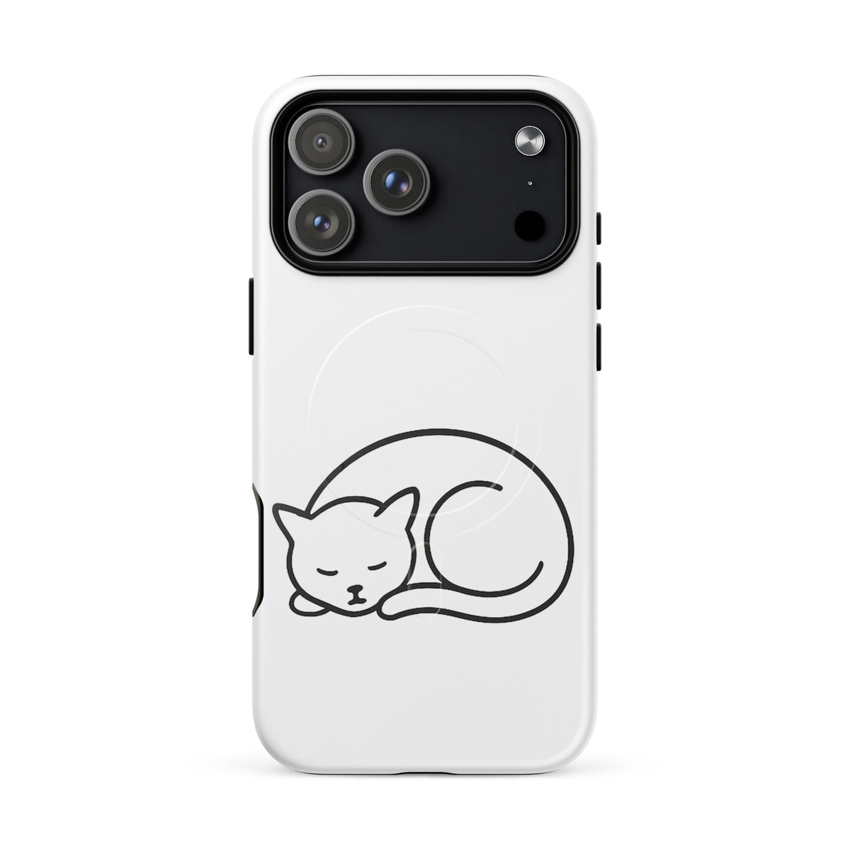 Magnetic Phone Case featuring minimalist curled-up cat design in white and black, dual-layer protection for iPhone.