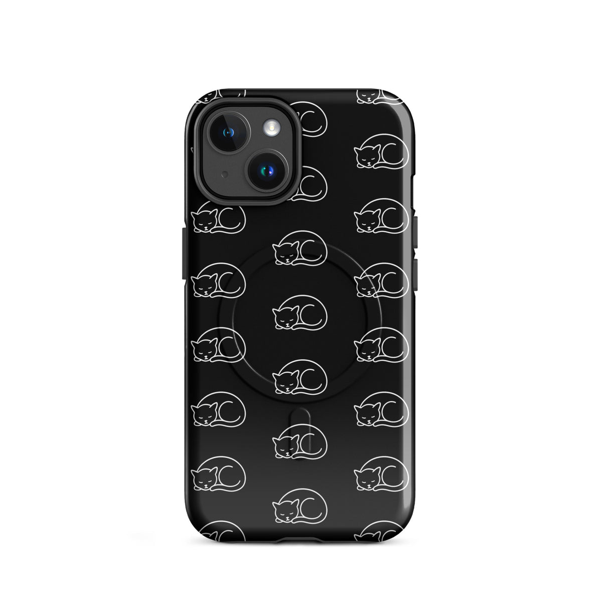 Magnetic Phone Case for iPhone with black and white curled-up cat pattern, perfect for feline fans seeking style and protection.