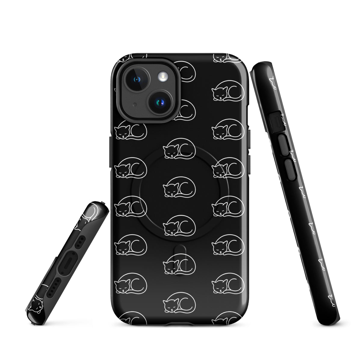 Black and white Magnetic Phone Case featuring a curled-up cat pattern for iPhone, perfect for cat lovers.