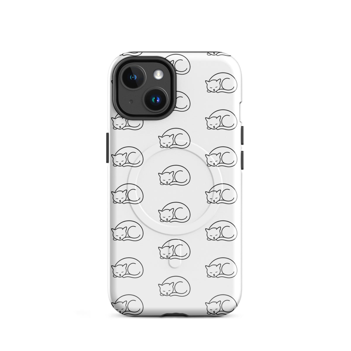 Magnetic Phone Case with curled-up cat pattern for iPhone in white and black, ideal for feline fans.