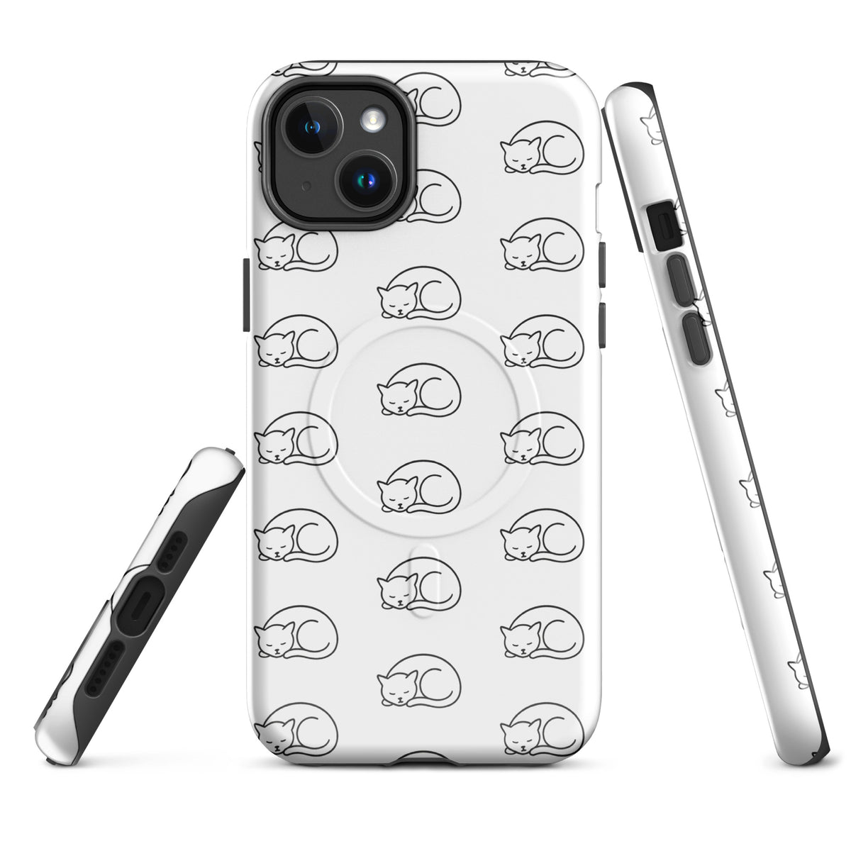 Magnetic Phone Case with curled-up cat pattern in white/black for feline fans, iPhone protection and style.