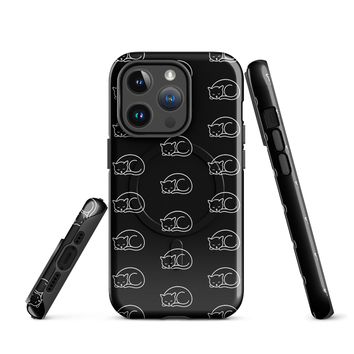 Magnetic Phone Case with curled-up cat pattern for iPhone in black and white, perfect for feline fans seeking style and protection.
