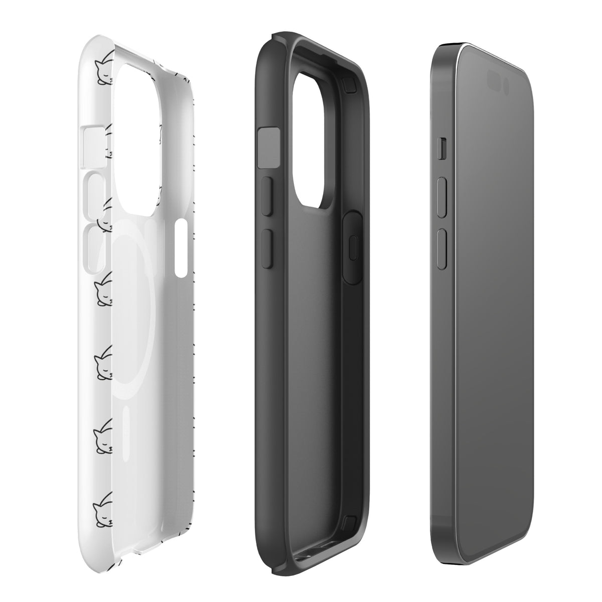 Magnetic Phone Case for iPhone with curled-up cat pattern in white/black, perfect for cat lovers seeking stylish and protective design.
