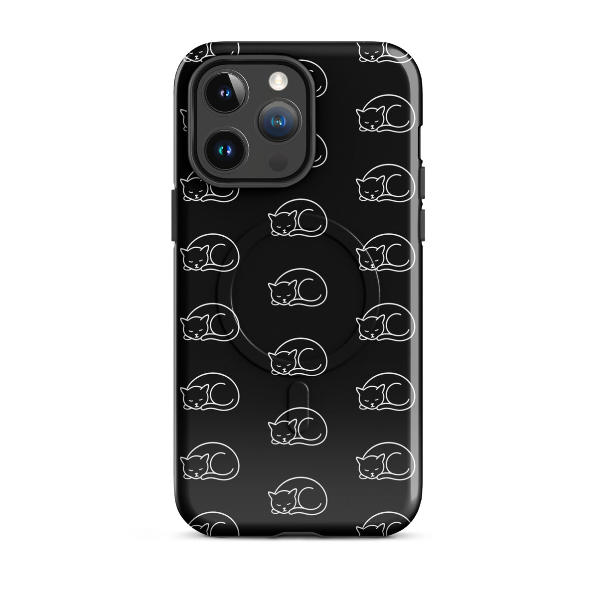 Magnetic Phone Case with curled-up cat pattern for iPhone, perfect for feline fans, in black and white.