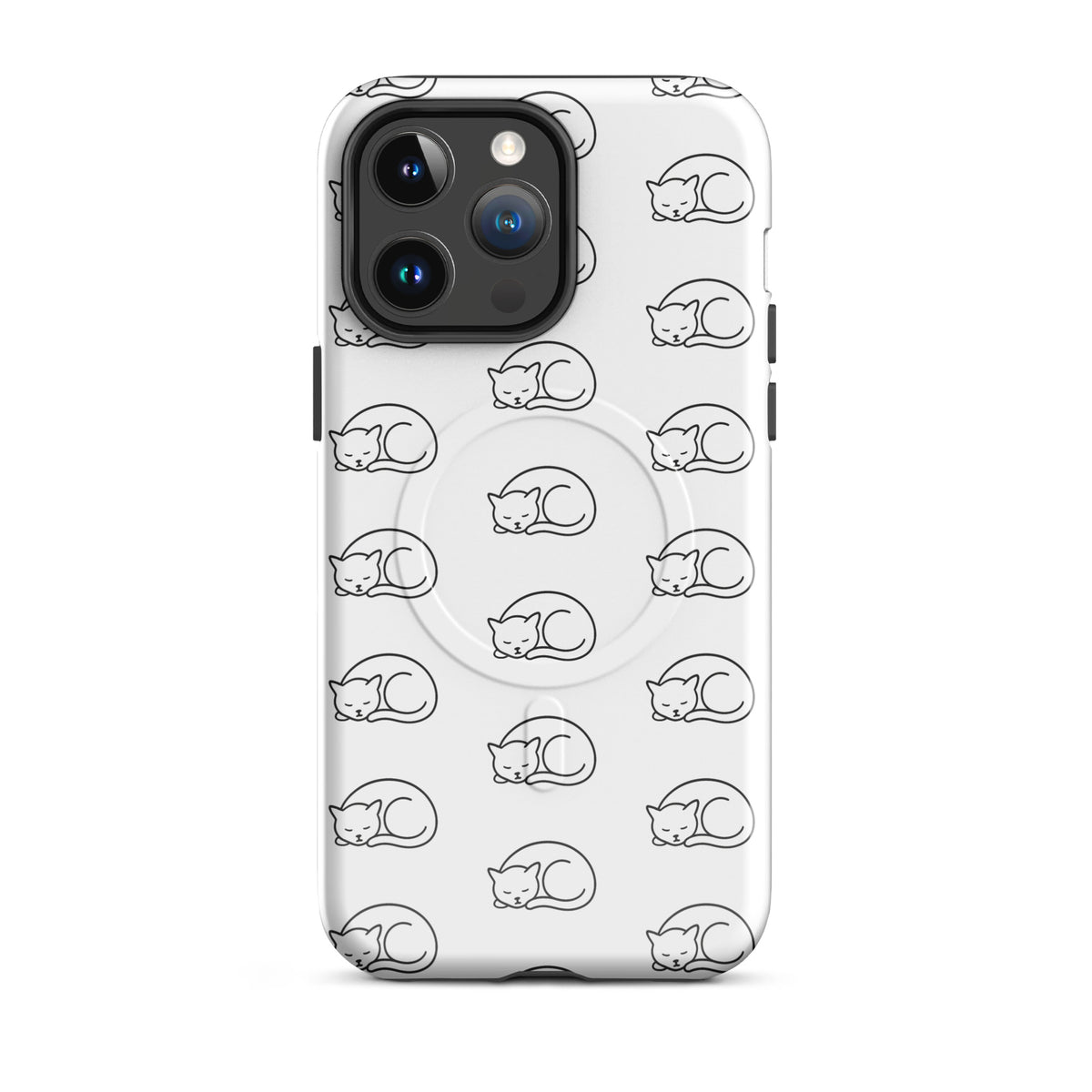 Magnetic Phone Case with curled-up cat pattern for iPhone, ideal for feline fans, in white and black design for stylish protection.