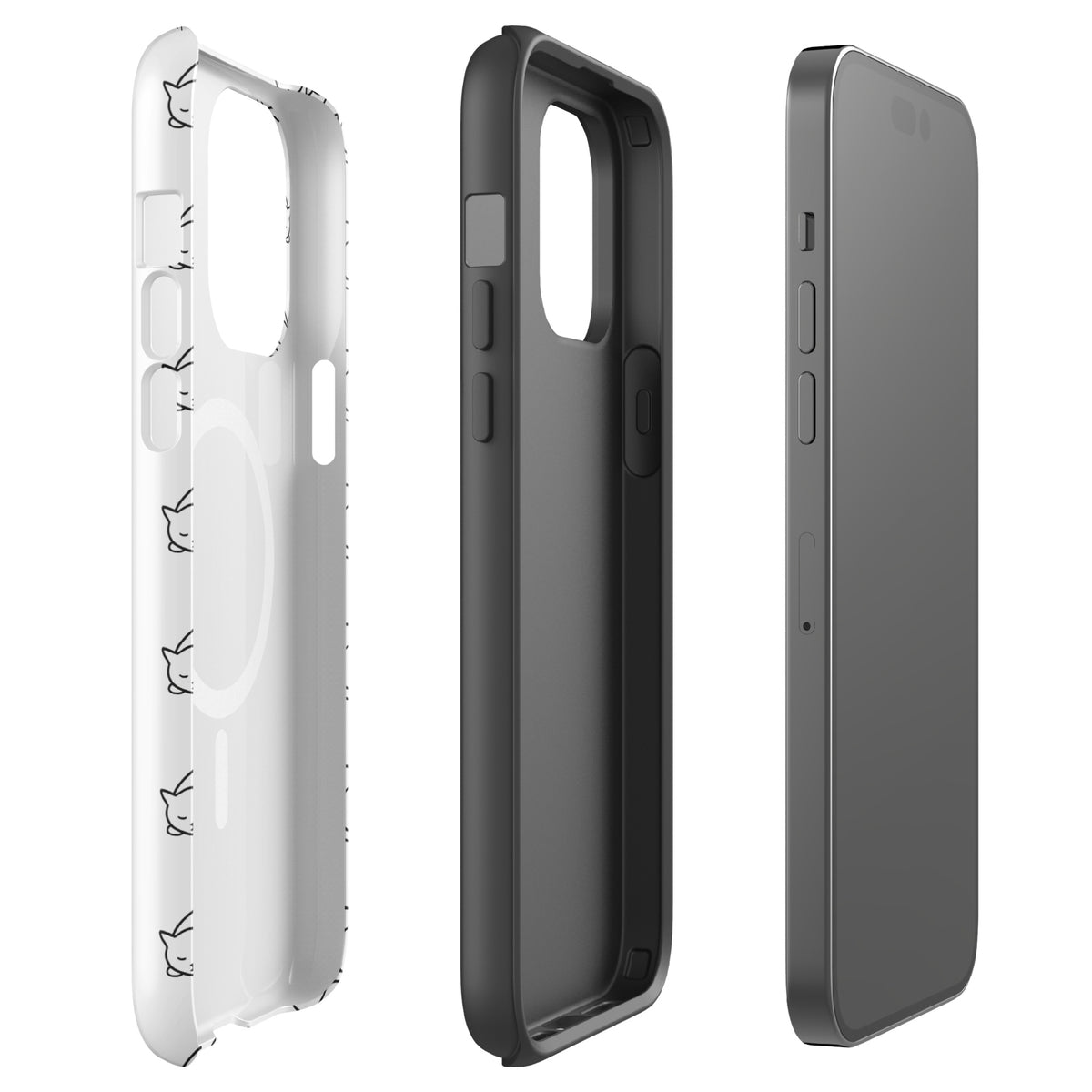 Magnetic Phone Case with curled-up cat pattern for iPhone, shown in white and black, ideal for feline fans.