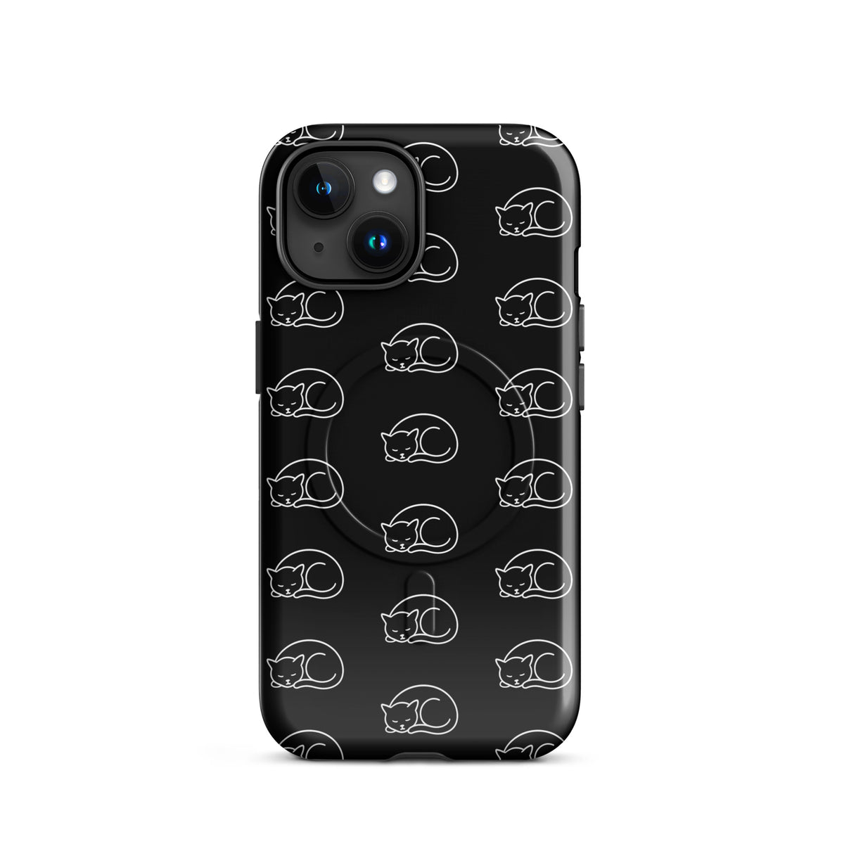 Black and white Magnetic Phone Case for iPhone featuring a curled-up cat pattern for feline fans.
