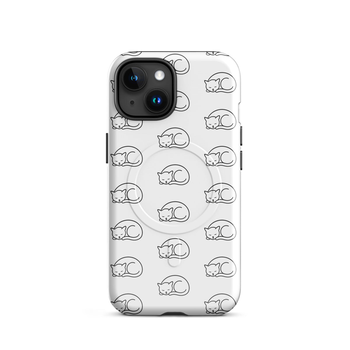Magnetic Phone Case for iPhone with curled-up cat pattern in white and black, perfect for feline fans seeking stylish protection.