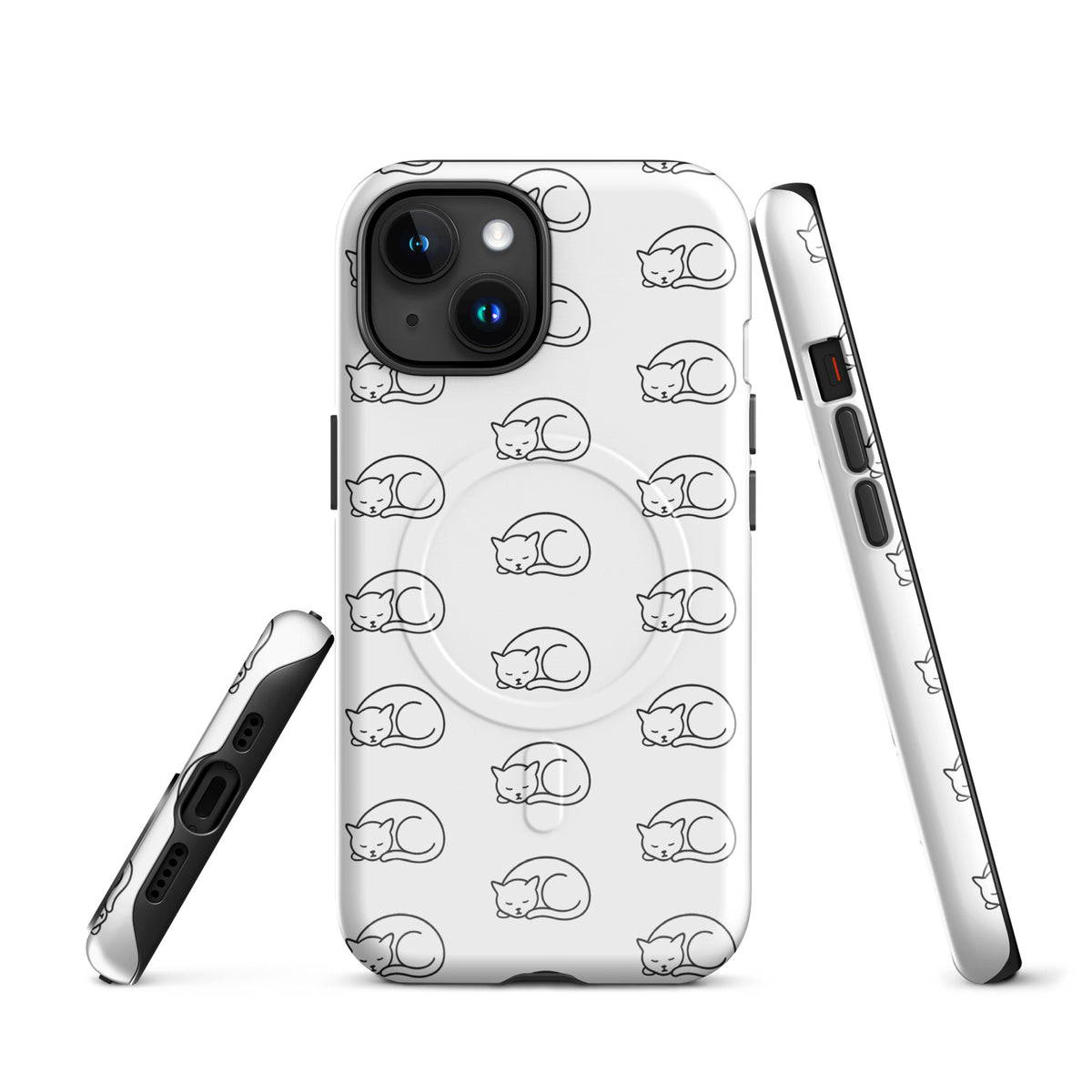 Magnetic Phone Case with curled-up cat pattern for iPhone in white and black.