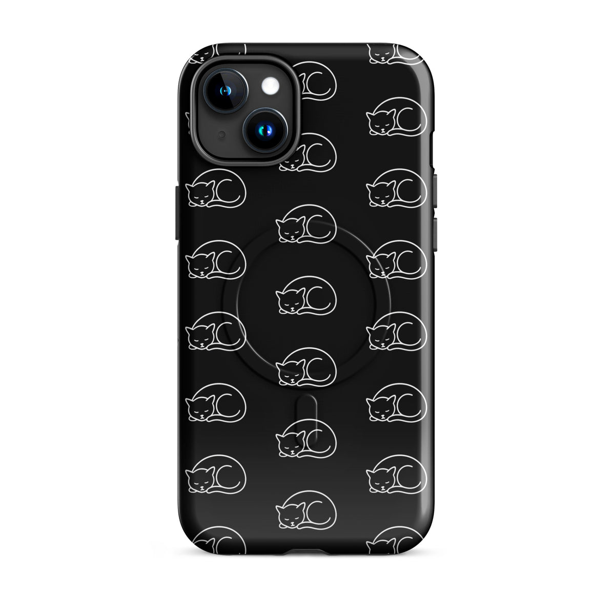 Magnetic Phone Case with black and white curled-up cat pattern for iPhone, perfect for cat lovers seeking stylish device protection.