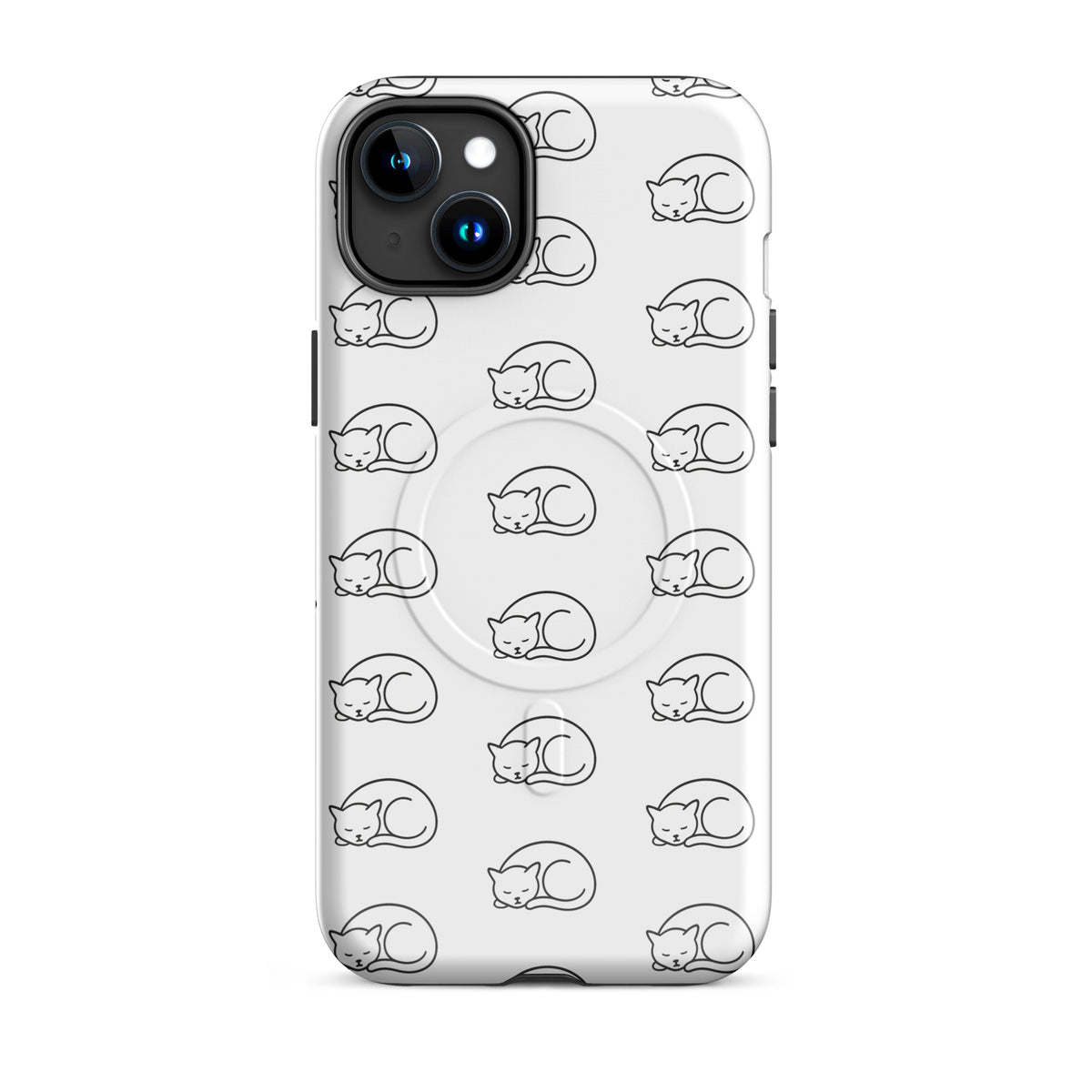Magnetic Phone Case with curled-up cat pattern for iPhone in white and black, perfect for feline fans.