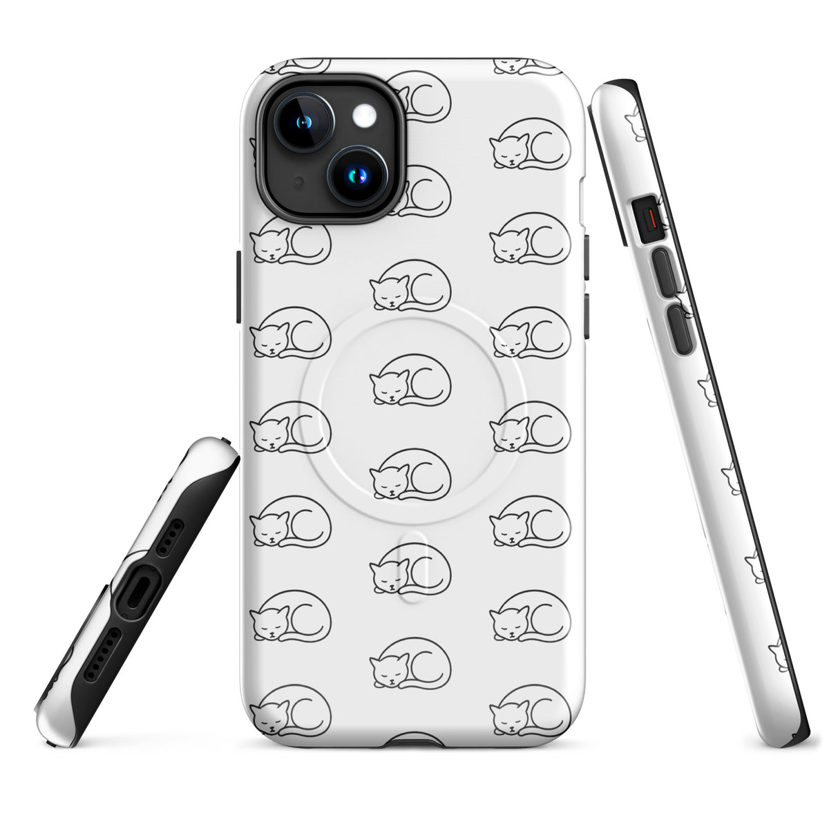 Magnetic Phone Case for iPhone with curled-up cat pattern, perfect for feline fans, in stylish white and black design.