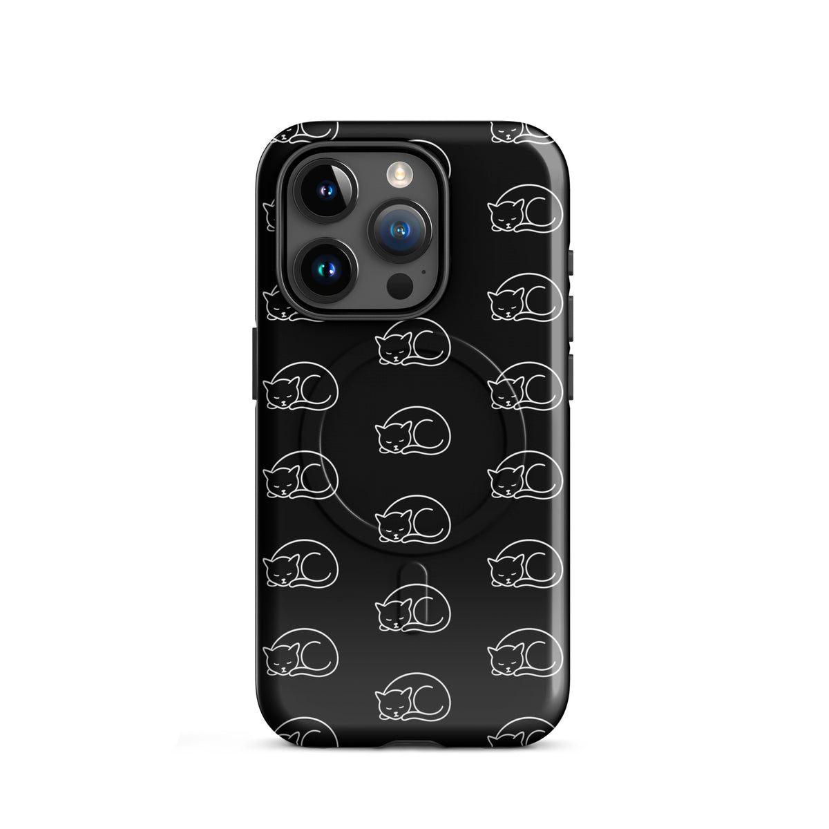 Magnetic Phone Case with curled-up cat pattern in black and white for iPhone, designed for cat lovers and feline fans.
