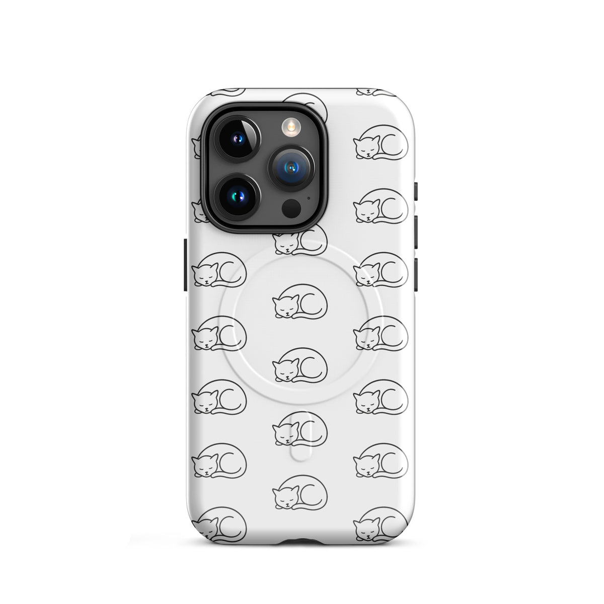 Magnetic Phone Case for iPhone with curled-up cat pattern in white and black, perfect for cat lovers seeking stylish protection.