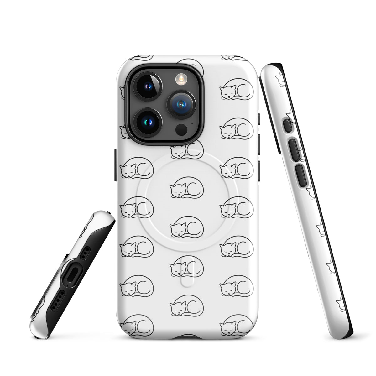 Magnetic Phone Case for iPhone with curled-up cat pattern, white and black design, perfect for feline fans.
