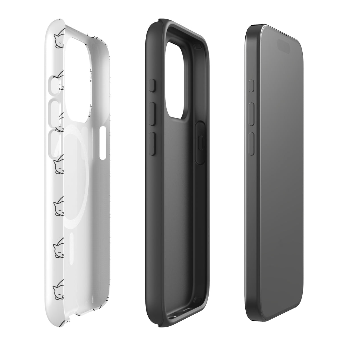 Magnetic Phone Case for iPhone with curled-up cat pattern, perfect for feline fans, offering stylish protection in white and black.