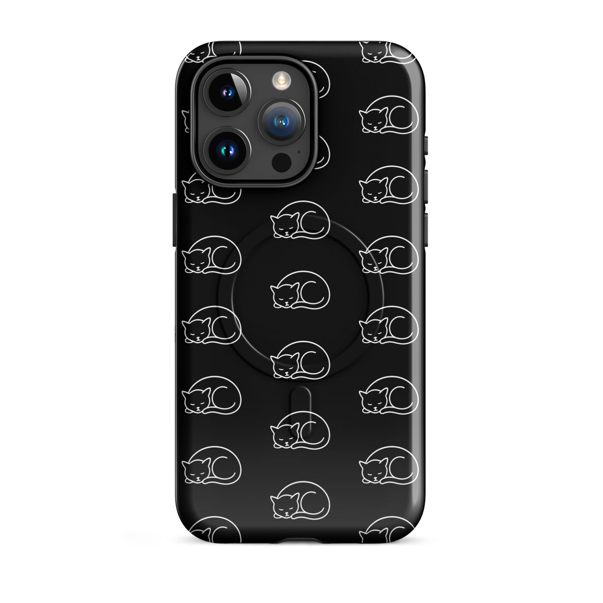 Magnetic Phone Case with black and white curled-up cat pattern for iPhone, perfect for cat enthusiasts seeking stylish protection.