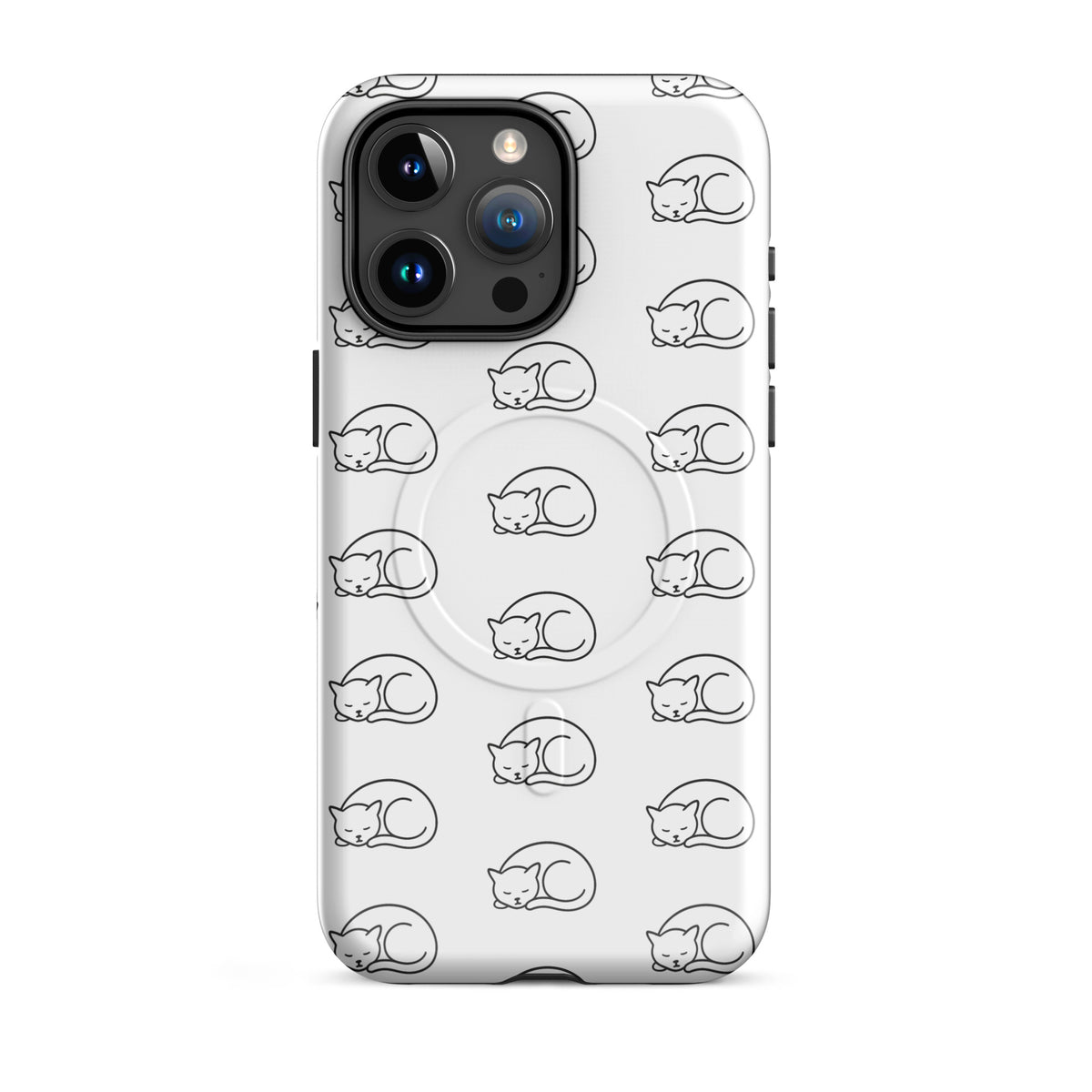 Magnetic Phone Case for iPhone with curled-up cat pattern in white and black, perfect for feline fans.