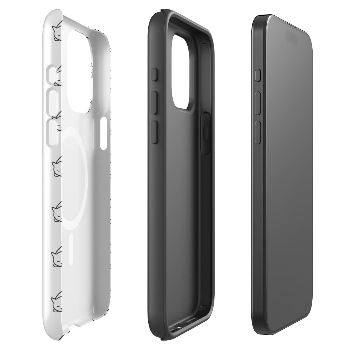 Magnetic Phone Case for iPhone with curled-up cat pattern in white/black for cat enthusiasts, offering protection and style.