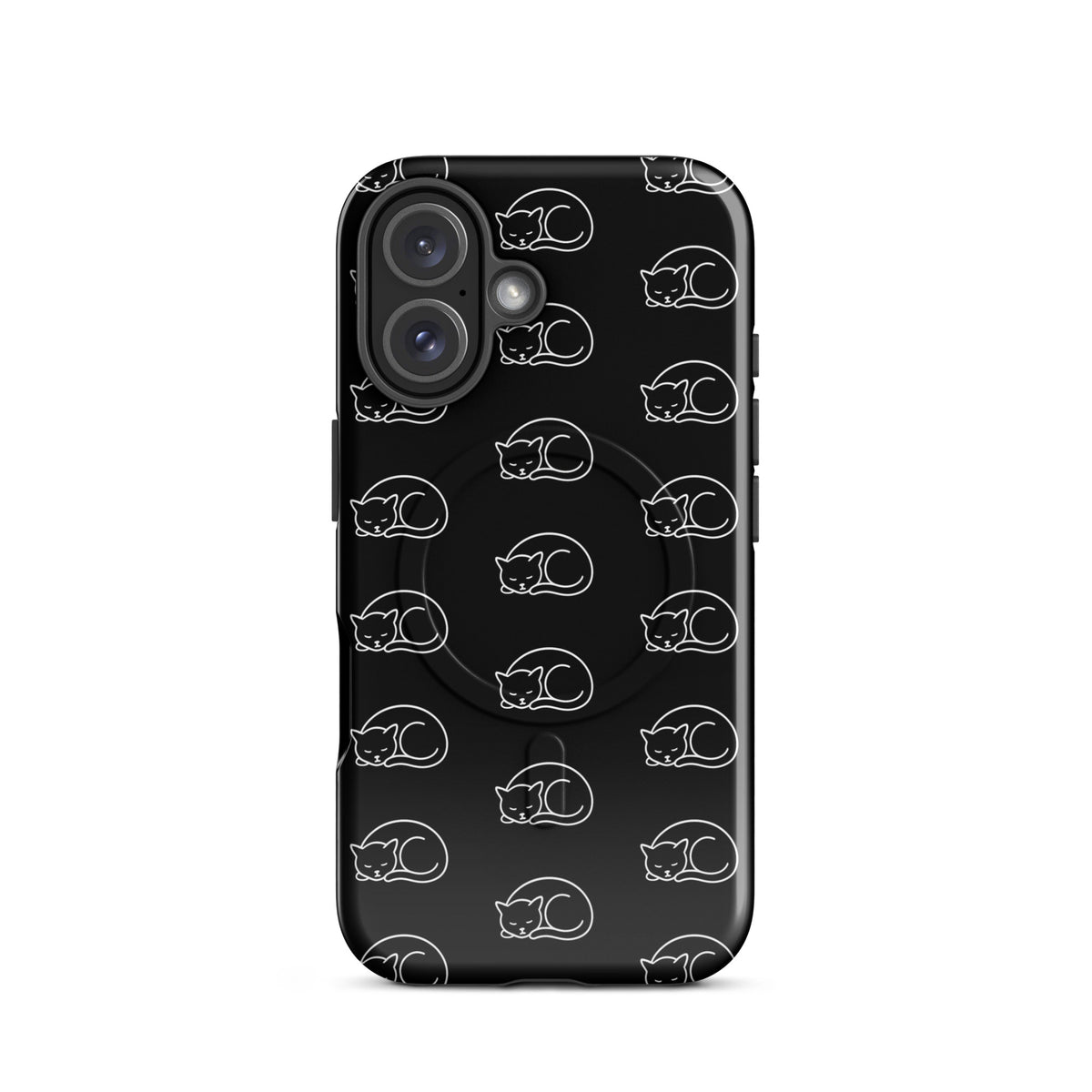 Magnetic Phone Case for iPhone with curled-up cat pattern, perfect for feline fans, in black and white design.