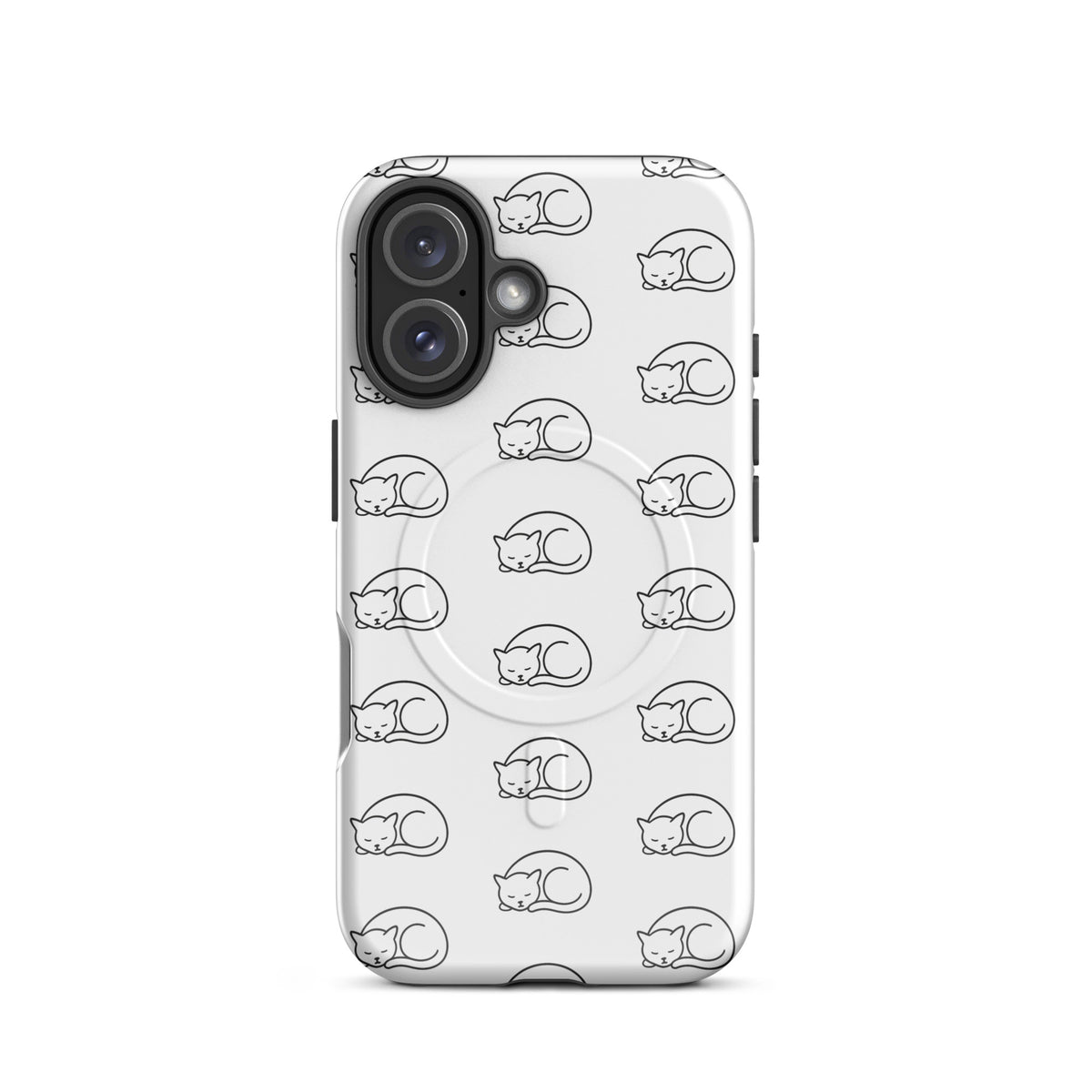 Magnetic Phone Case with curled-up cat pattern for iPhone in white and black, perfect for cat enthusiasts.
