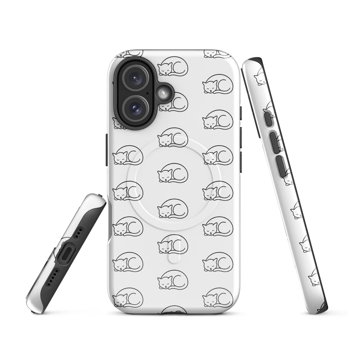 Magnetic Phone Case for iPhone with curled-up cat pattern in white and black, perfect for feline fans.