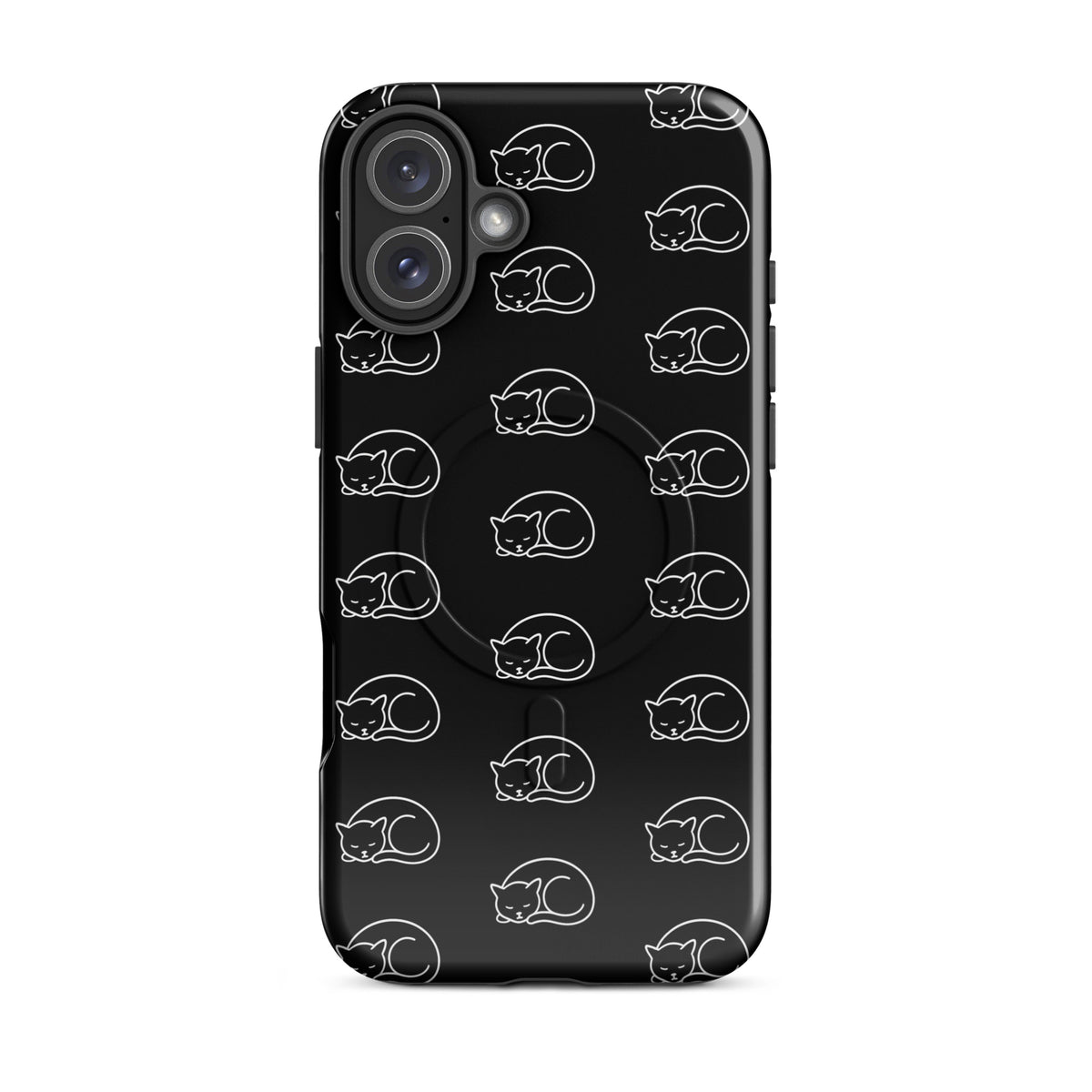 Magnetic Phone Case for iPhone with curled-up cat pattern in black and white, perfect for feline fans