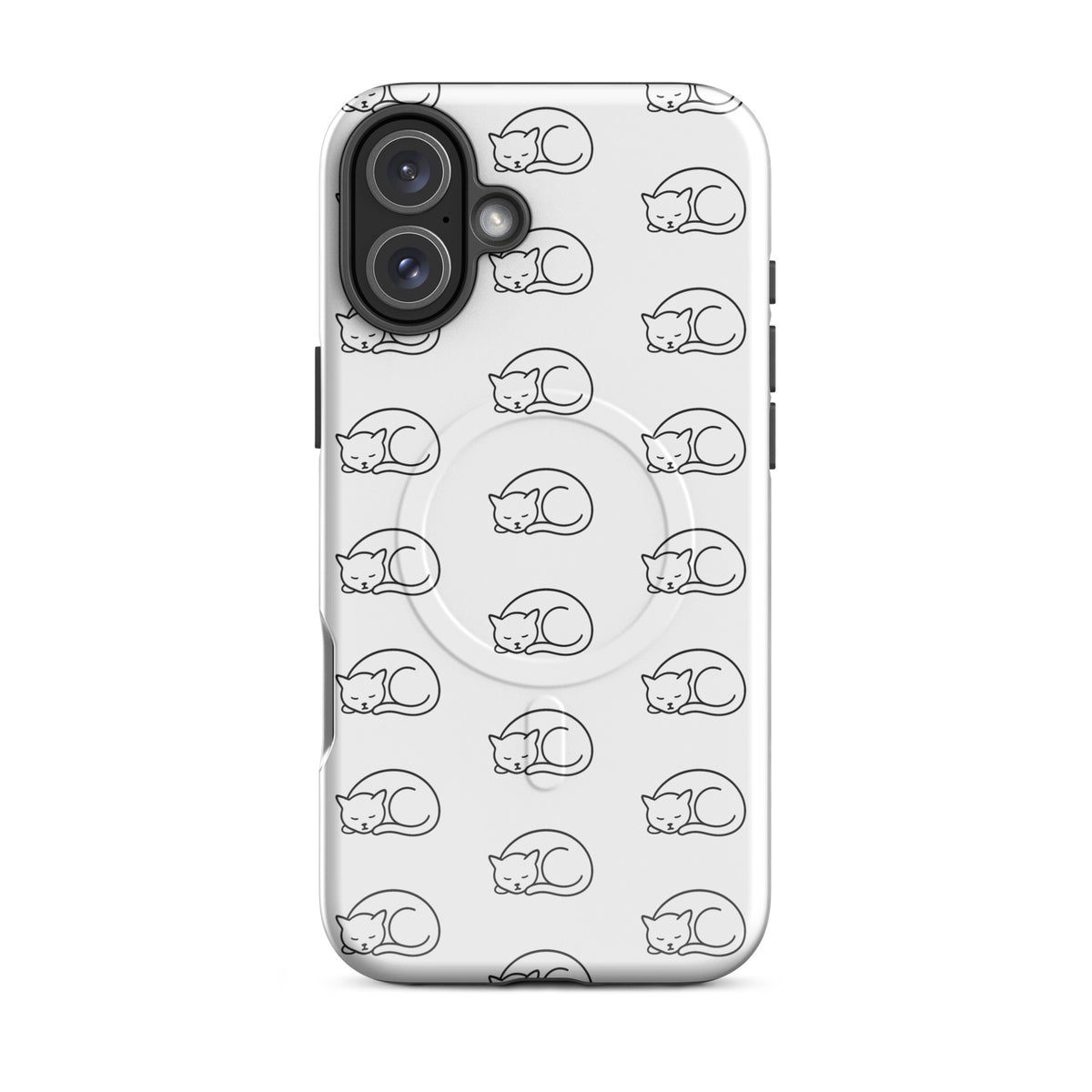 Magnetic Phone Case for iPhone with curled-up cat design in white and black, perfect for feline fans seeking stylish protection.