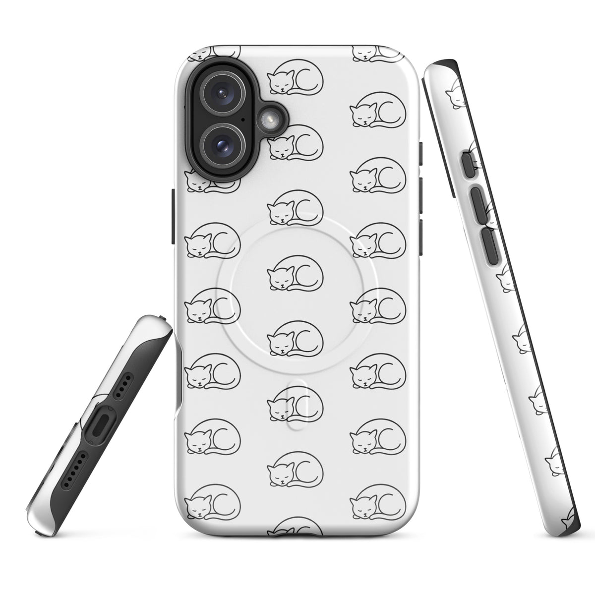 Magnetic Phone Case for iPhone with curled-up cat pattern, perfect for feline fans, shown in white/black design.