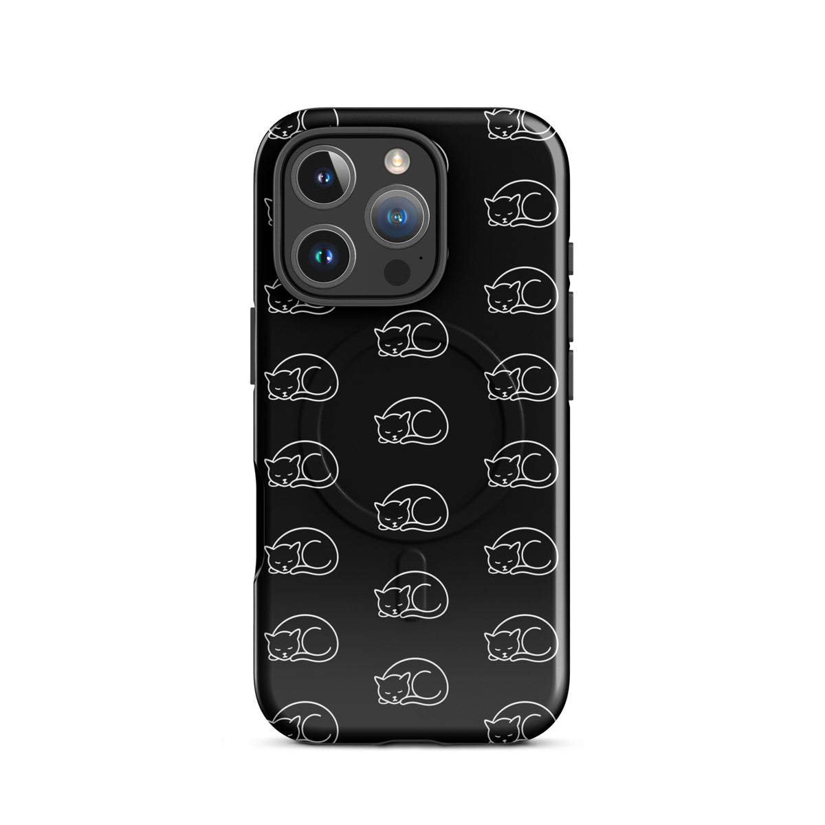 Black and white Magnetic Phone Case with curled-up cat pattern for iPhone, perfect for cat lovers.