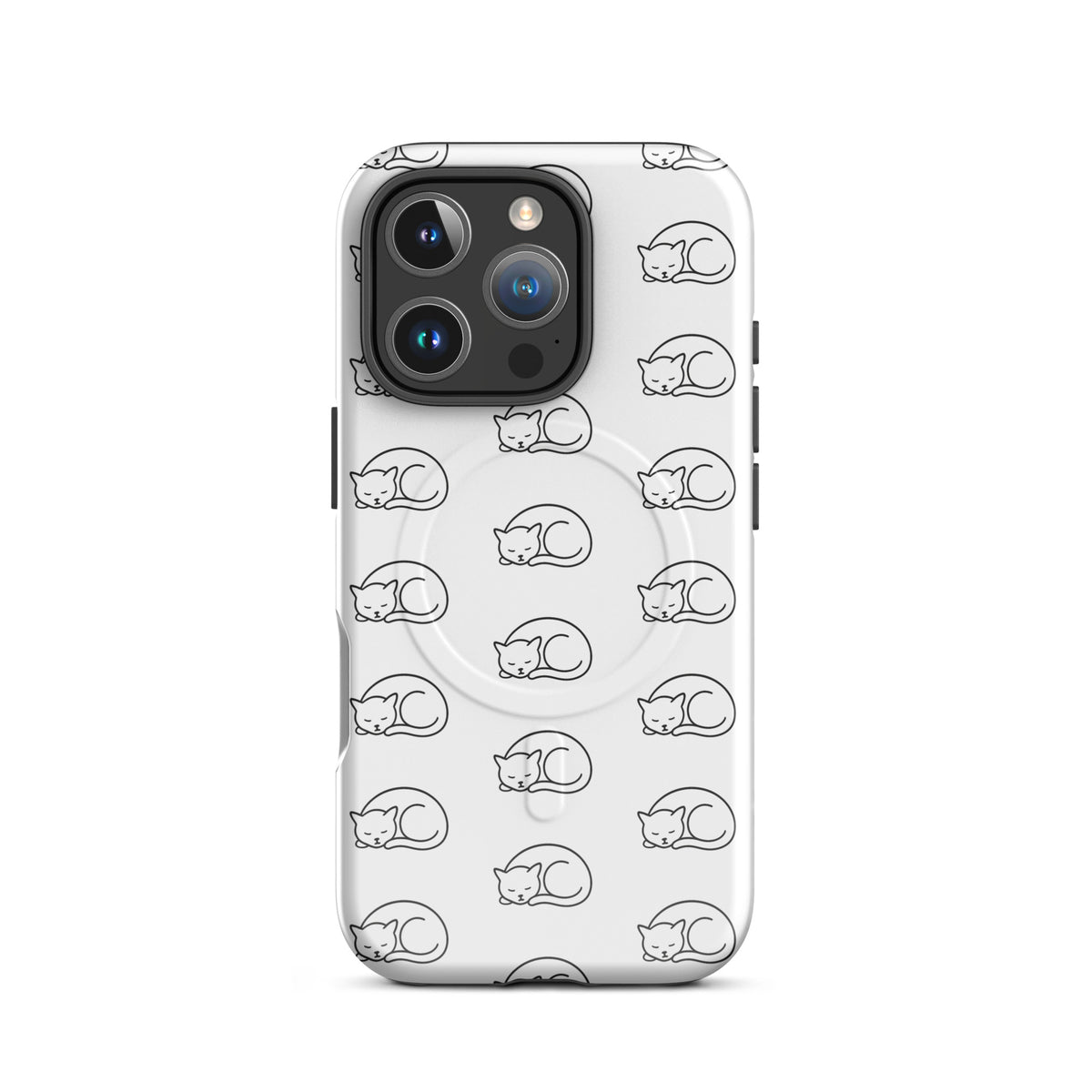White and black Magnetic Phone Case with curled-up cat pattern for iPhone, perfect for cat lovers.
