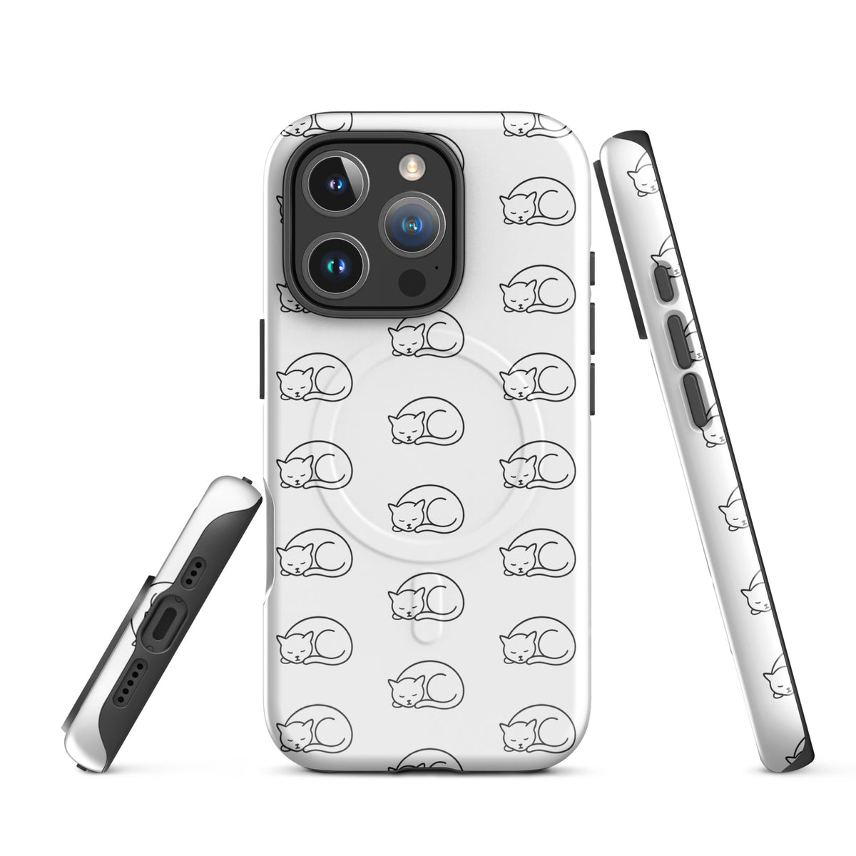 Magnetic Phone Case with curled-up cat pattern for iPhone, white and black design perfect for cat lovers.