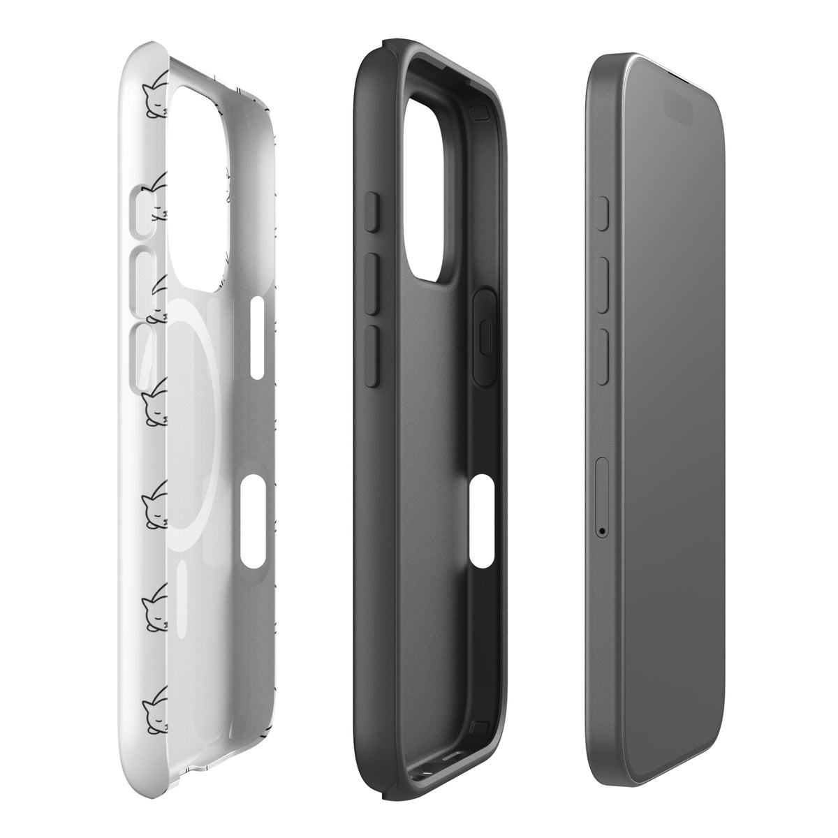 Magnetic Phone Case for iPhone with curled-up cat pattern, showcasing white and black design, perfect for feline enthusiasts.