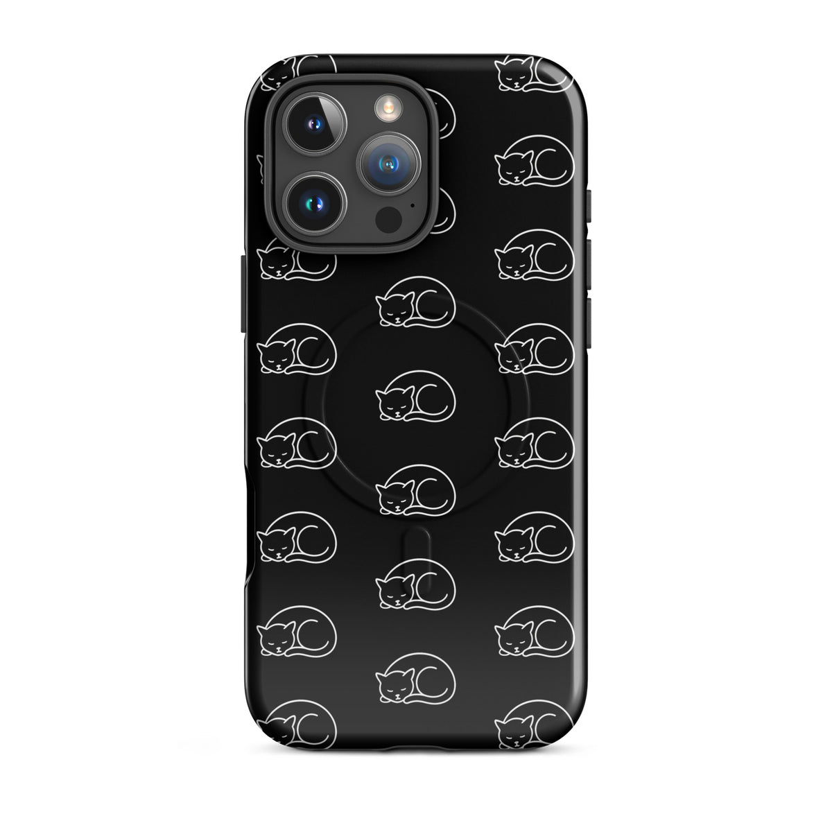 Magnetic Phone Case with black and white curled-up cat pattern perfect for feline fans featuring durable protection for iPhones.
