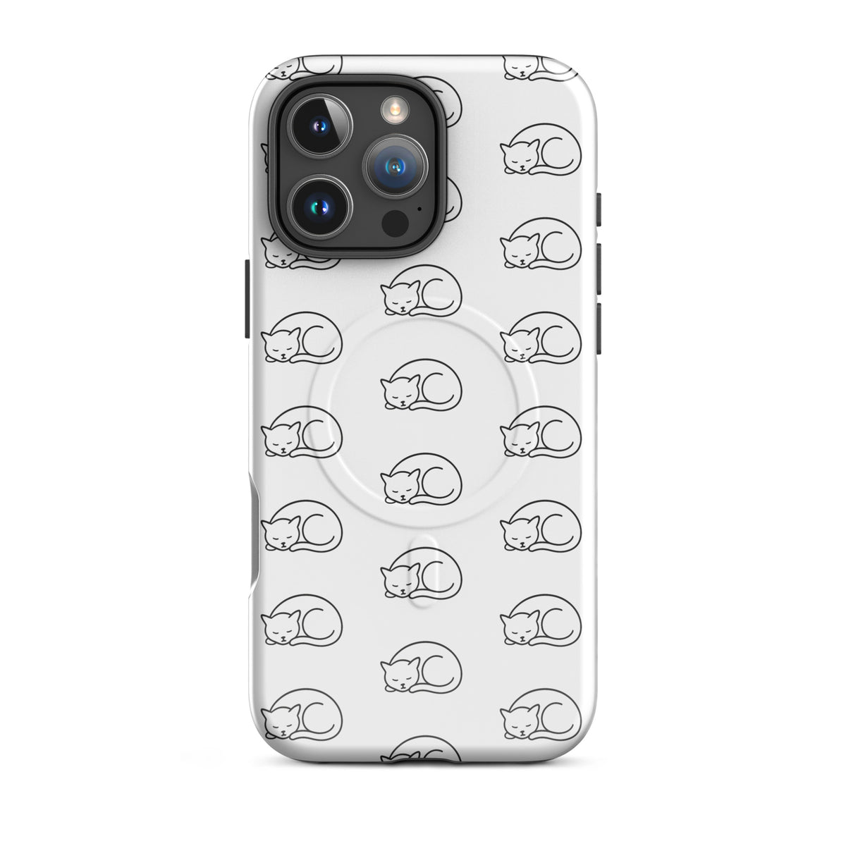 Magnetic Phone Case with curled-up cat pattern in white/black for iPhone, perfect for feline fans seeking style and protection.