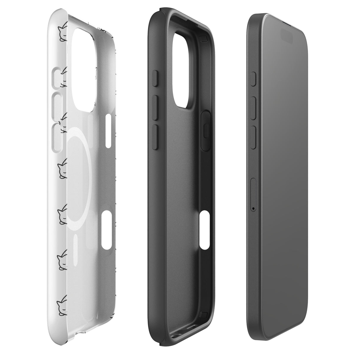 Magnetic Phone Case for iPhone with curled-up cat pattern, white and black design for feline fans.