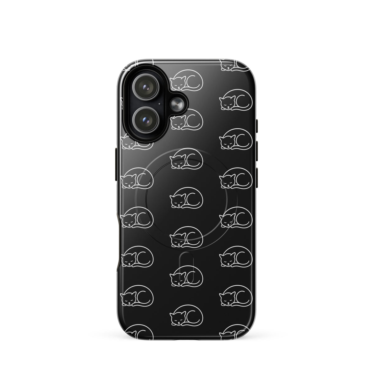 Black and white Magnetic Phone Case for iPhone with curled-up cat pattern, perfect for cat lovers seeking stylish phone protection.
