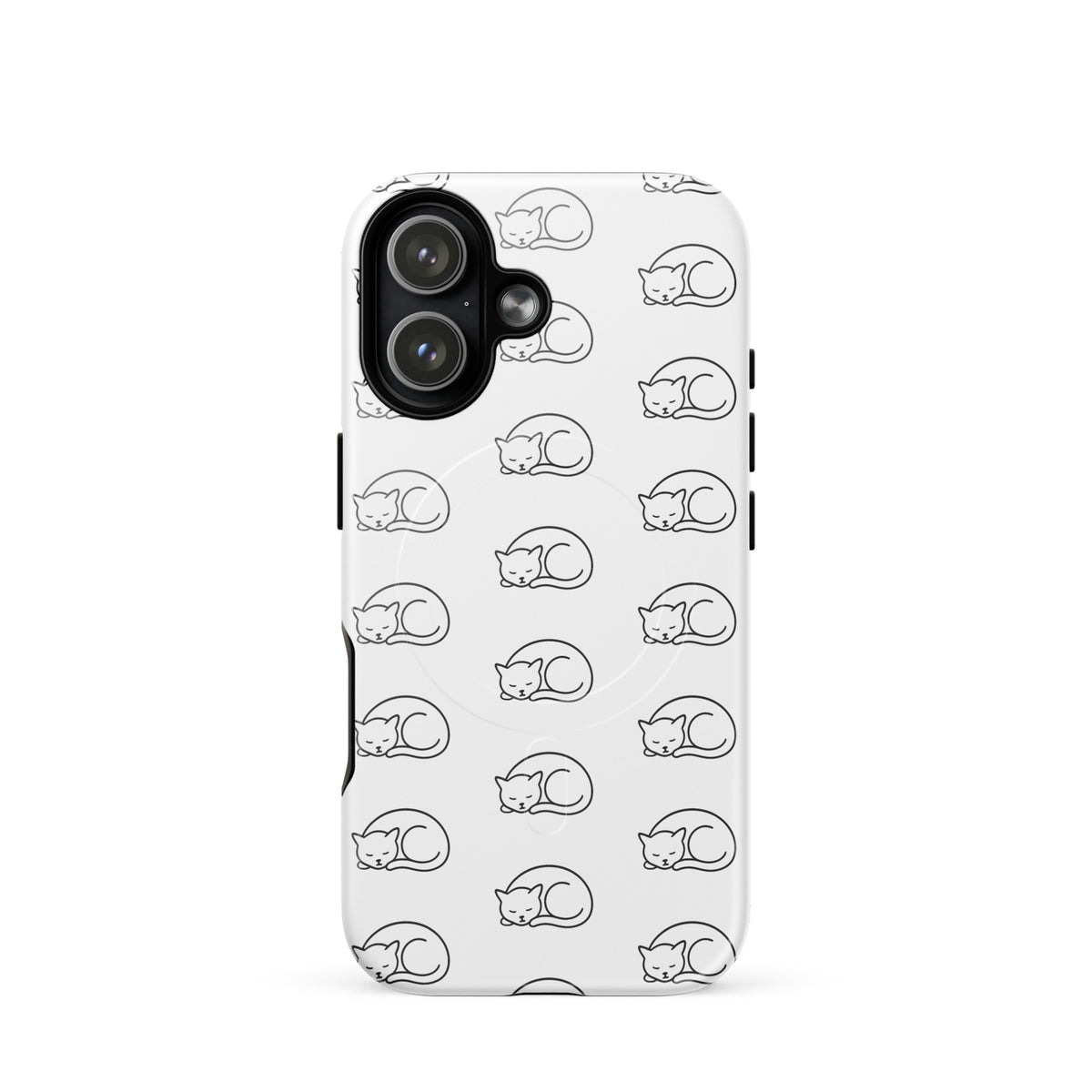 Magnetic Phone Case with curled-up cat pattern in white and black for iPhone, perfect for feline fans seeking stylish protection.