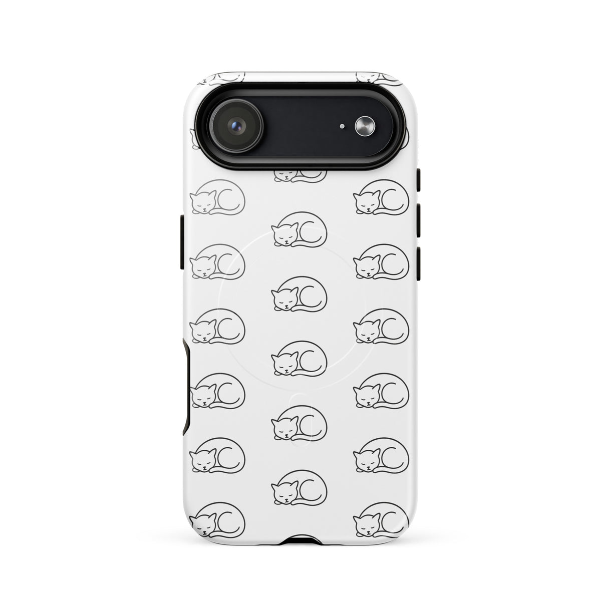 Magnetic Phone Case with curled-up cat pattern for iPhone, perfect protection for feline fans in white and black.