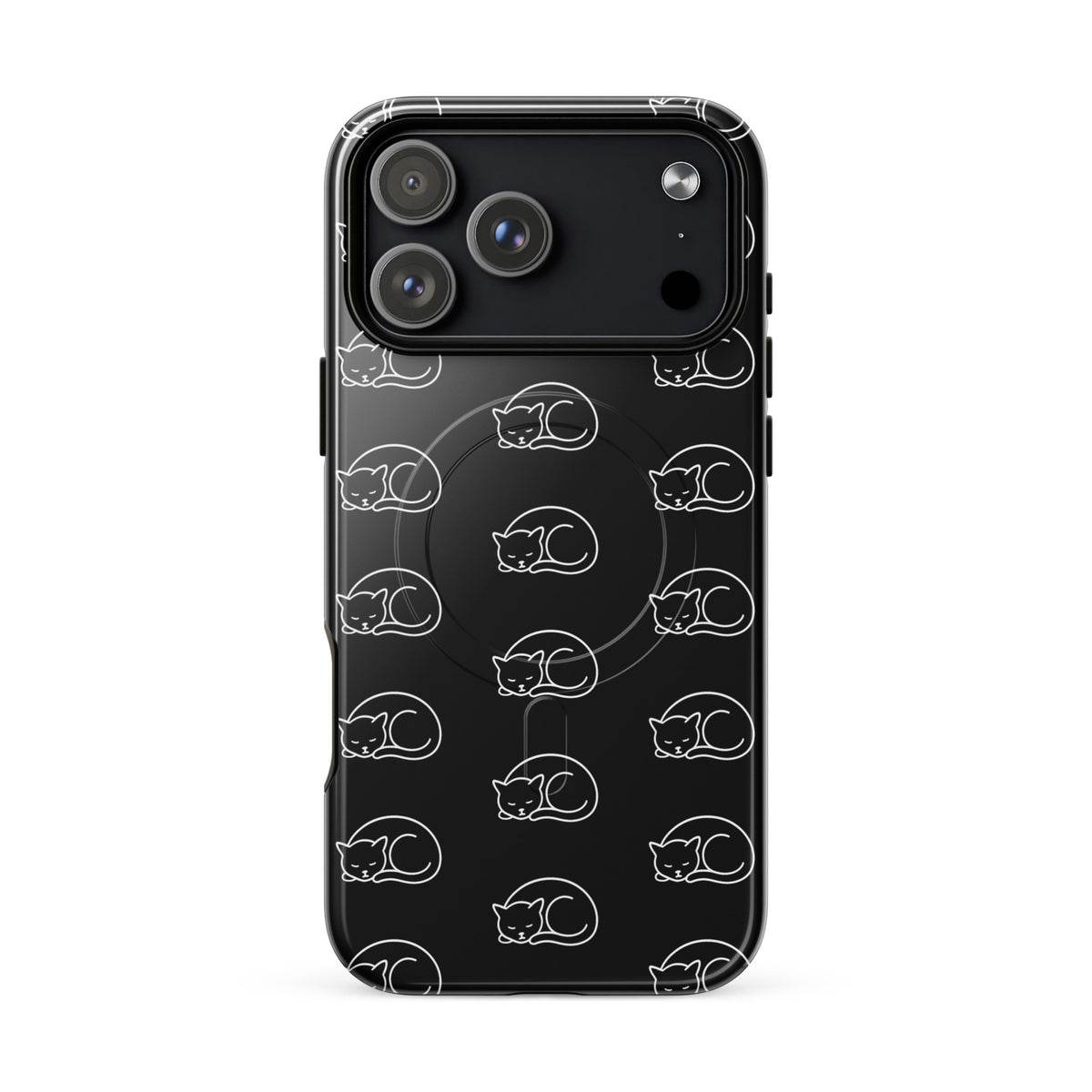 Magnetic Phone Case with curled-up cat pattern in black and white for iPhone, designed for feline fans seeking style and protection.