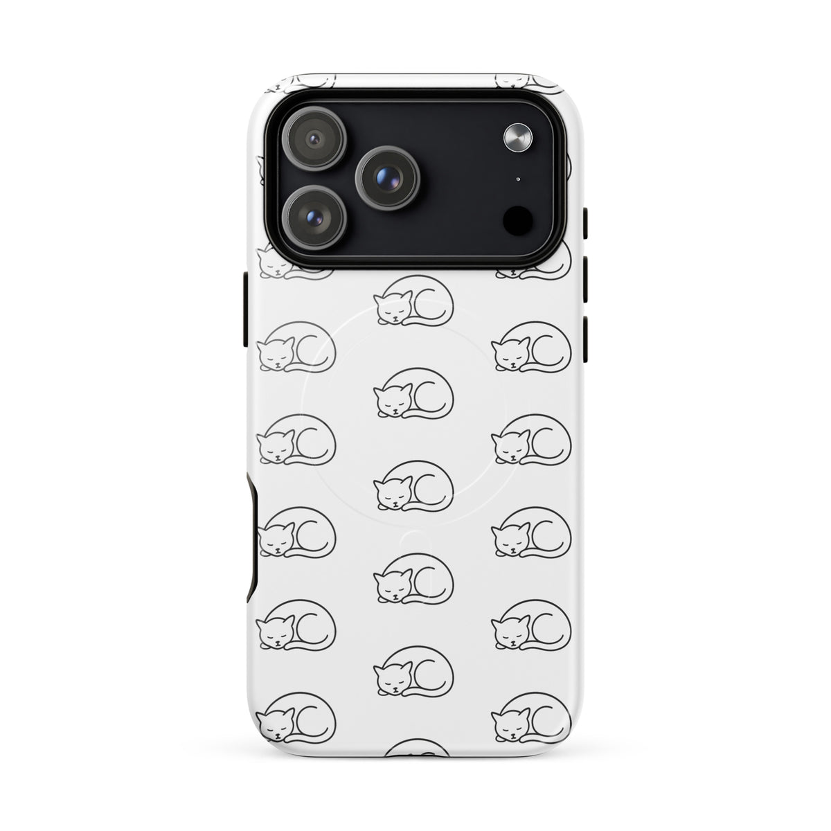 Magnetic Phone Case for iPhone with curled-up cat pattern in white and black