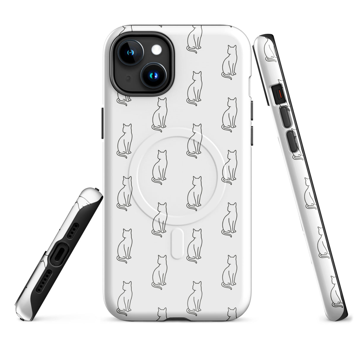 Magnetic Phone Case with white and black minimalist cat pattern design for feline fans, features sleek magnetic functionality.